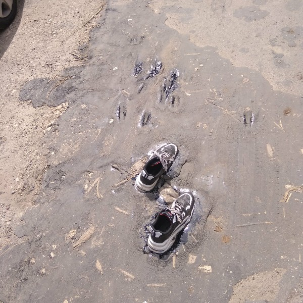 Женщина увязла в битуме пока гуляла с ребенком в Дзержинске